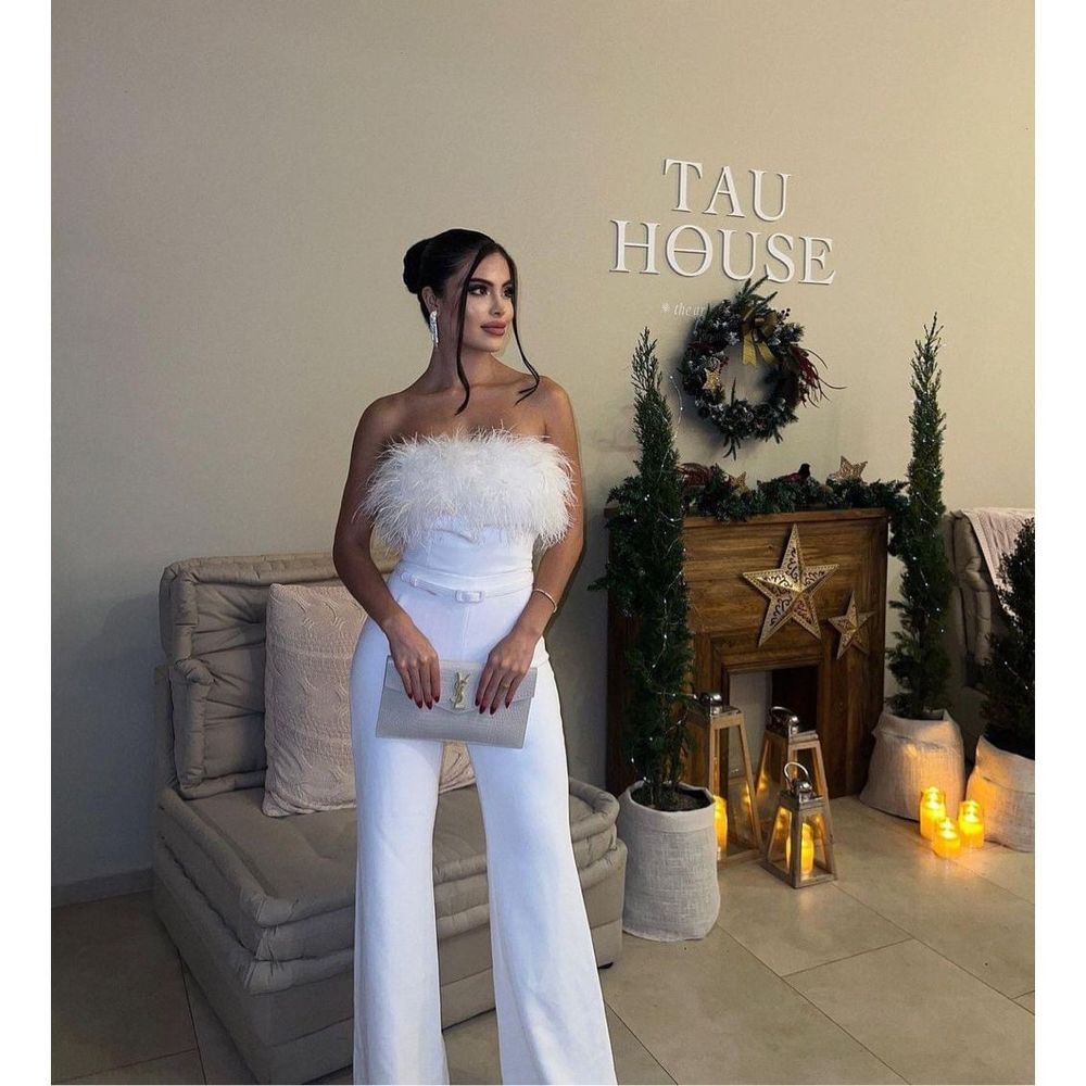 Nadine Merabi Jumpsuit White Colette Strapless Feathers New Size Small 6 - Picture 13 of 15